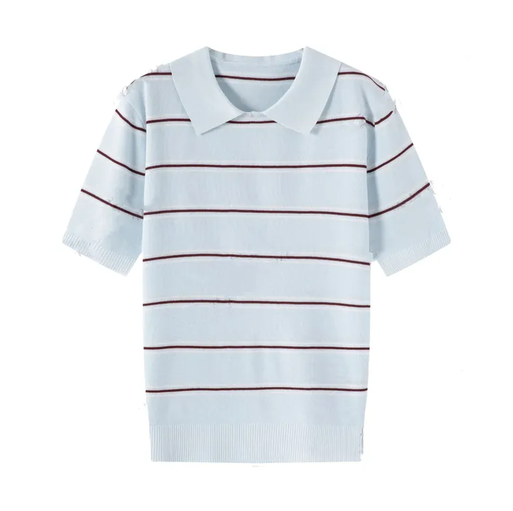 miu 系撞色条纹polo领针织衫夏季轻薄透气减龄T恤5262