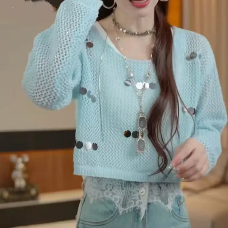 法式甜辣风两件套上衣女2024春季新款别致镂空针织衫吊带背心套装