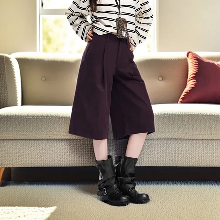 春秋抗皱七分裤女2025秋季流行新款压褶高腰显瘦简约宽松阔腿裤子