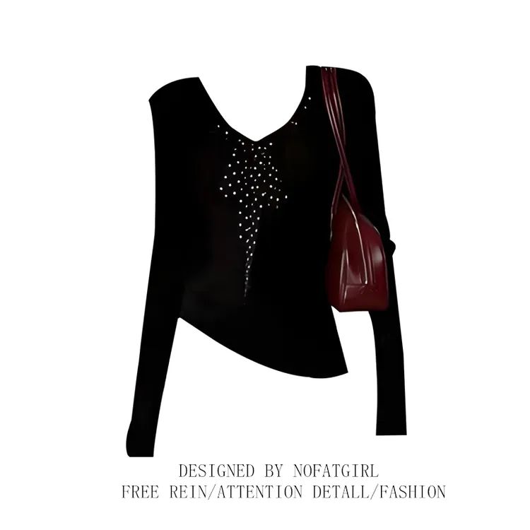 大码胖MM美式辣妹V领长袖T恤女秋波点蝴蝶结设计感修身显瘦上衣女