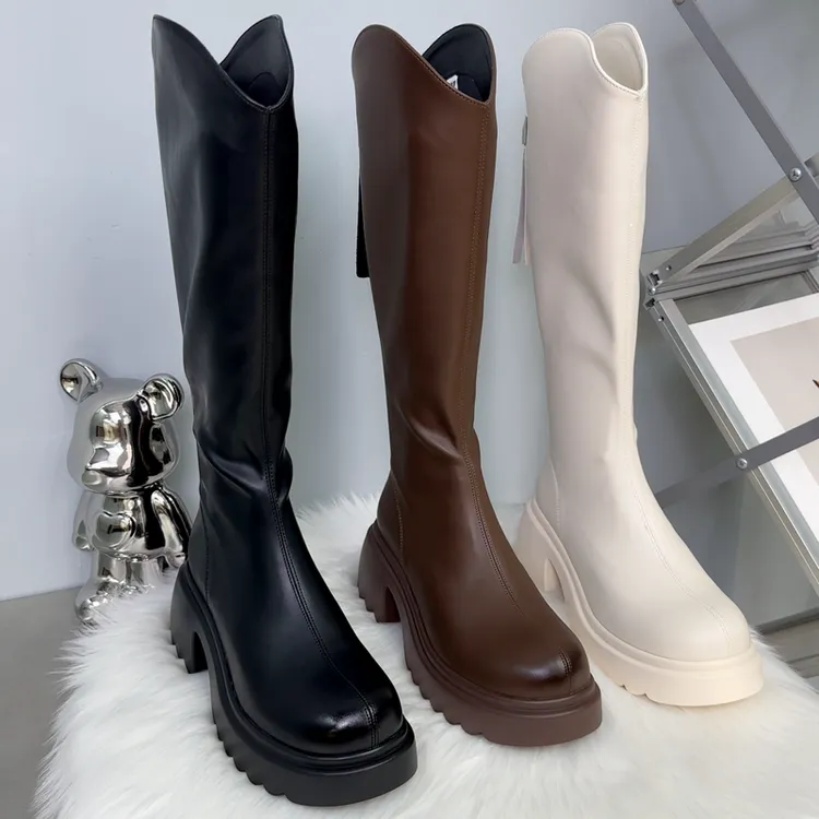 长腿靴2025年秋冬白色厚底增高骑士靴女显高百搭显腿细小个子潮靴