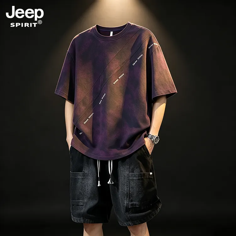 JEEPSPIRIT吉普套装男夏季美式扎染短袖短裤宽松大码设计感两件套