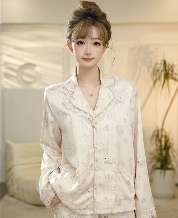 VINEEMAN【喵星梦】甜美蕾丝花边长袖睡衣家居套装春秋季气质女