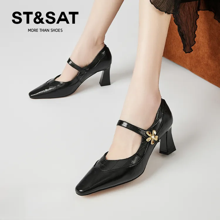 星期六牛皮粗跟高跟鞋女2025新款秋季一字带浅口尖头玛丽珍小皮鞋
