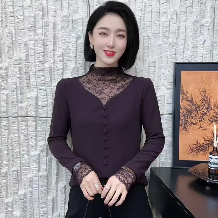 【韩紫朵 】2025新品气质蕾丝拼接洋气时尚长袖修身显瘦9019