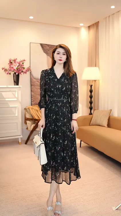 长袖高腰长裙套头碎花连衣裙时尚优雅女装休闲风 86009