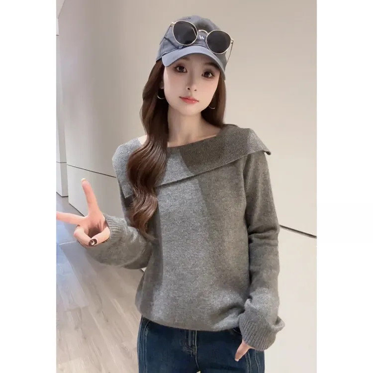 简约韩系气质宽松显瘦设计感翻领一字肩纯色长袖针织衫H9-11