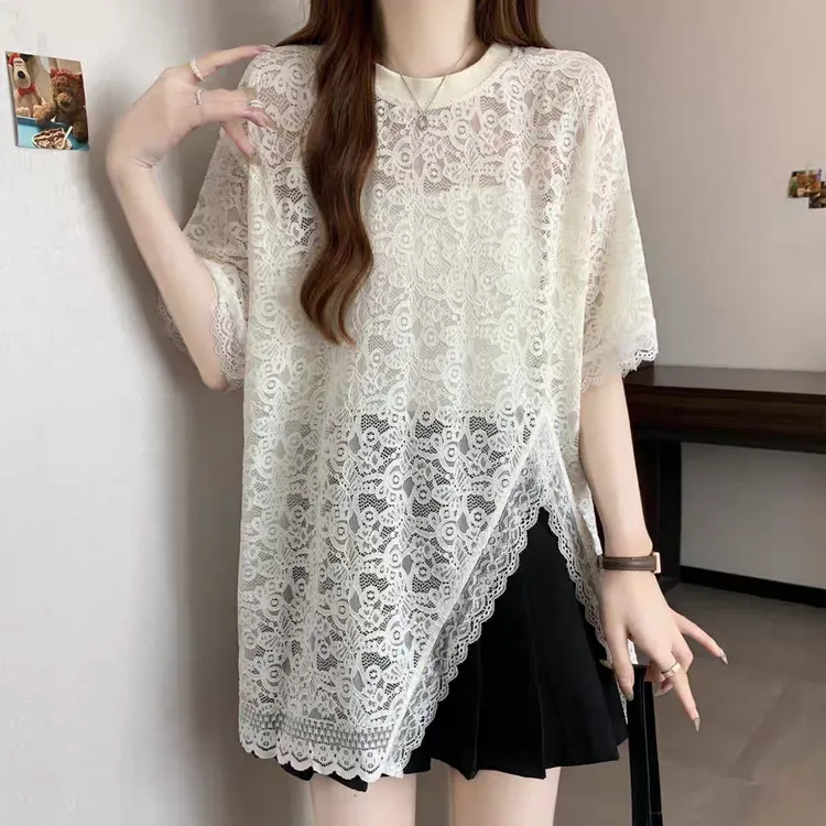 法式蕾丝镂空罩衫T恤短袖女夏季新款高级感宽松下摆开叉上衣02