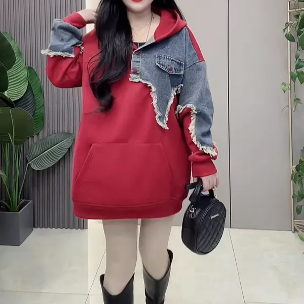 女潮宽松版韩版卫衣连帽宽松休闲风拼接套头秋冬中长款时尚上衣