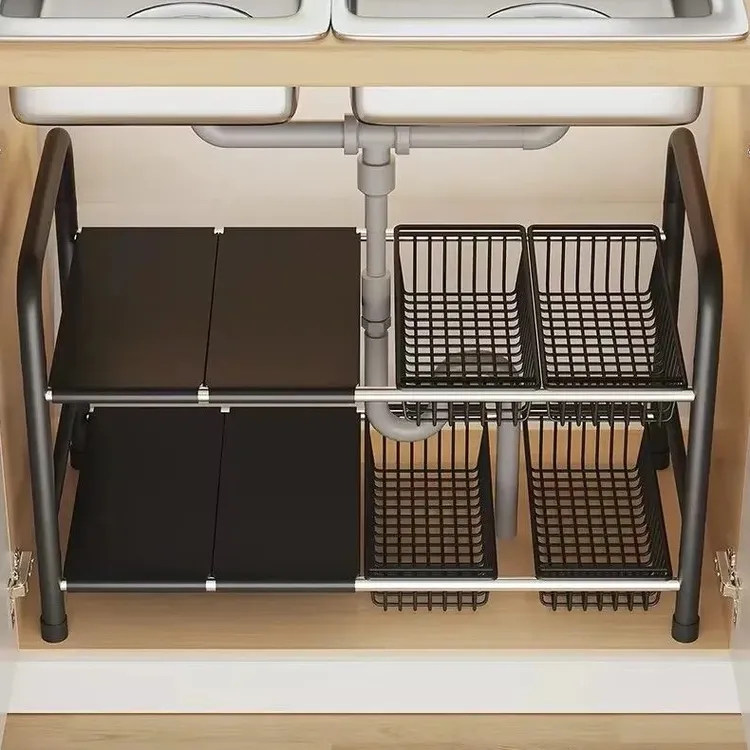 厨房置物架可伸缩下水槽橱柜内分层放锅架锅具多功能柜子收纳架子