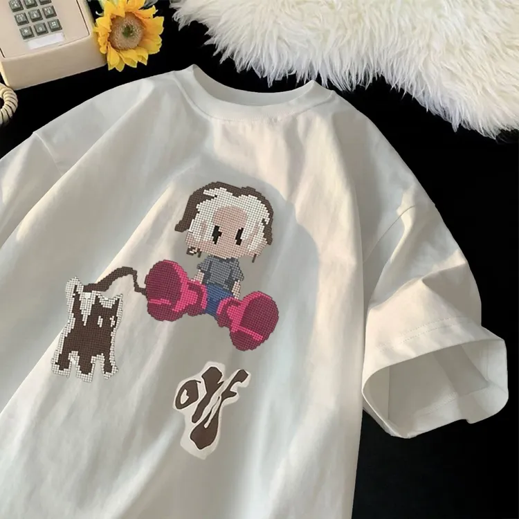 潮牌可爱风美式纯棉卡通印花T恤男女ins情侣国潮宽松短袖百搭
