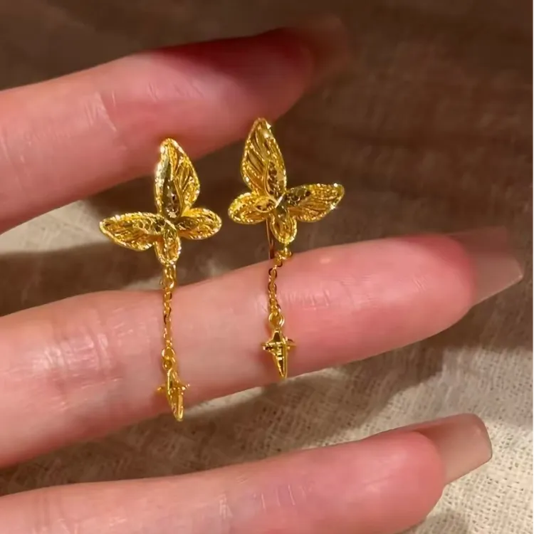 铜合金耳饰 立体蝴蝶流苏耳环女复古轻奢小众设计高级感精致耳饰