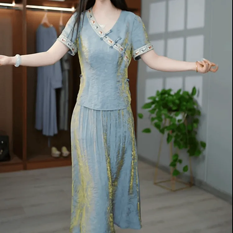 【上衣+半身裙】2025夏季新款高端时尚优雅气质国风复古收腰两件套