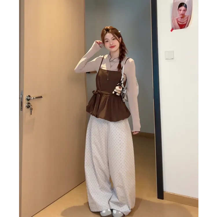 撞色木耳边打底小衫+灯芯绒宽松后绑带背心L1712+ L1713