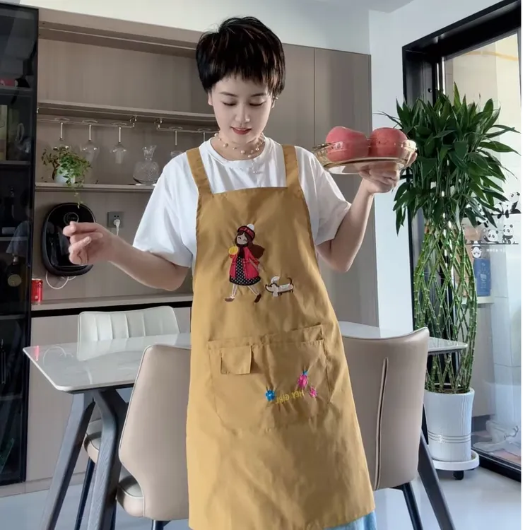 洋气短款绣花家用厨房围裙做饭女防泼水上班工作服女款成人