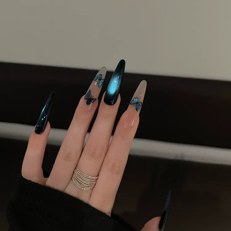 【蓝蝶】蓝色蝴蝶爆闪猫眼显白纯手工穿戴甲长款法式高级感美甲贴片