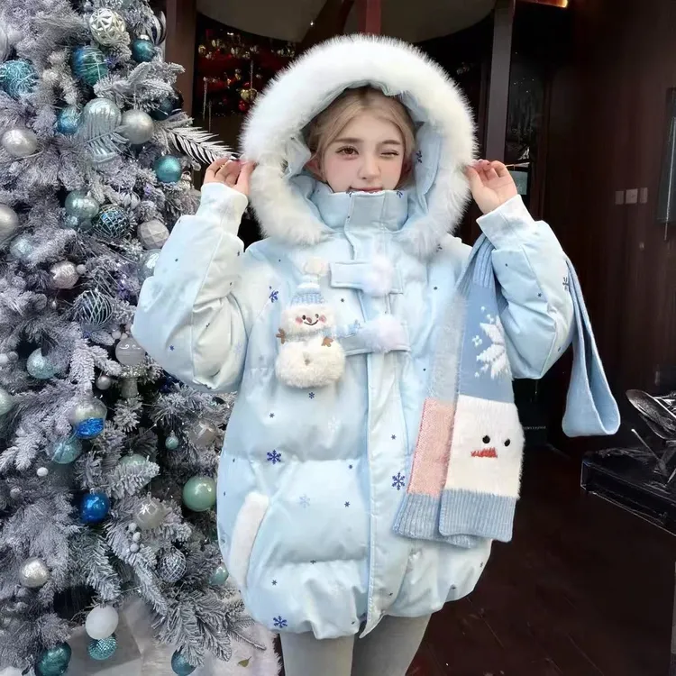 2025冬季新款雪花可爱雪人魔术贴棉服毛领连帽女秋冬季加厚棉衣女