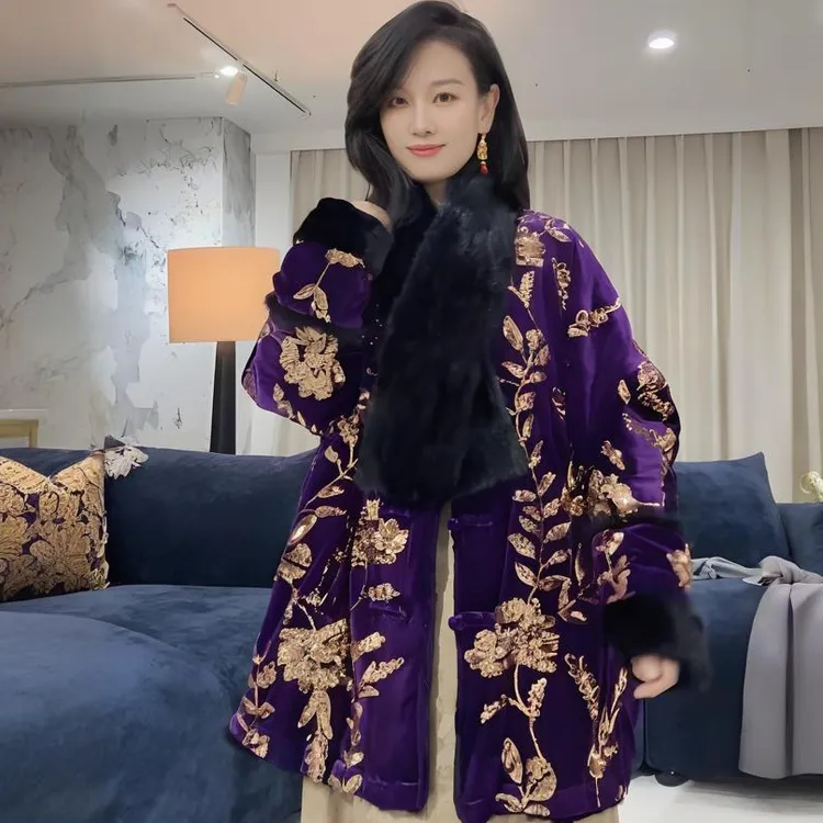 诺谰 水貂毛两面穿老钱风富婆款拼貂皮草外套貂皮大衣中长款24036