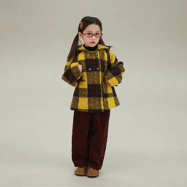 女童格纹精灵连帽大衣2025冬季新款保暖宝儿夹绒毛呢大衣百搭外套