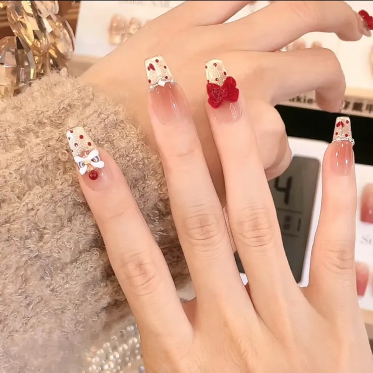 【心悦醒狮】纯手工香槟金丝绒大蝴蝶结波点猫眼美甲穿戴甲指甲贴片