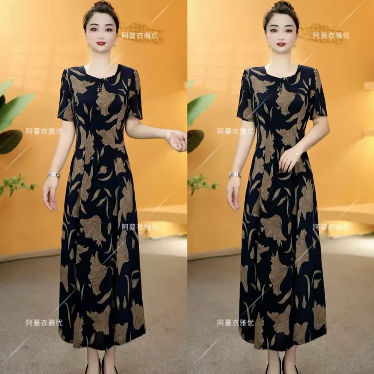 【衣雅严选】8124-2214#夏季新款冰感丝气质显瘦方领高腰连衣裙