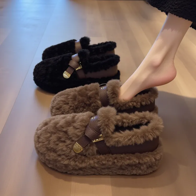 羊羔绒毛毛鞋女秋冬新款外穿厚底加绒懒人舒适美拉德棕色豆豆棉鞋