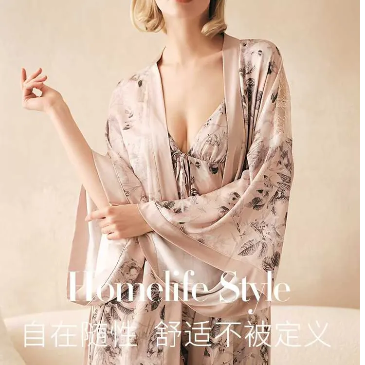 蝶衣司JJ28058墨雅花卉吊带三件套装睡裙夏季长袖和服蕾丝睡袍