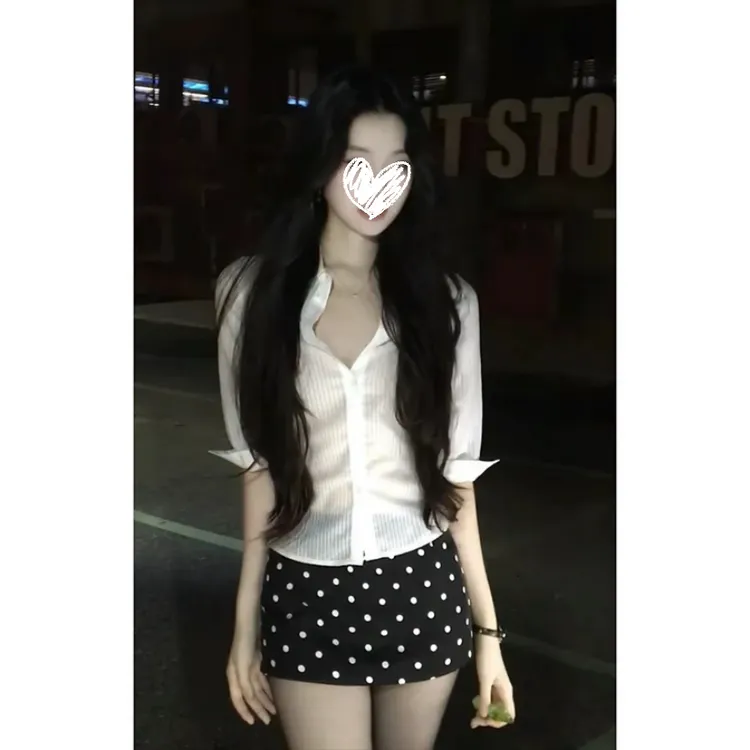 白色条纹V领短袖POLO衬衫女辣妹修身显瘦上衣+波点裙裤女套装D572