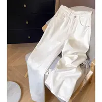 【现货+送蕾丝腰带】白色蕾丝边春夏高腰爆牛仔裤显腿长窄版阔腿