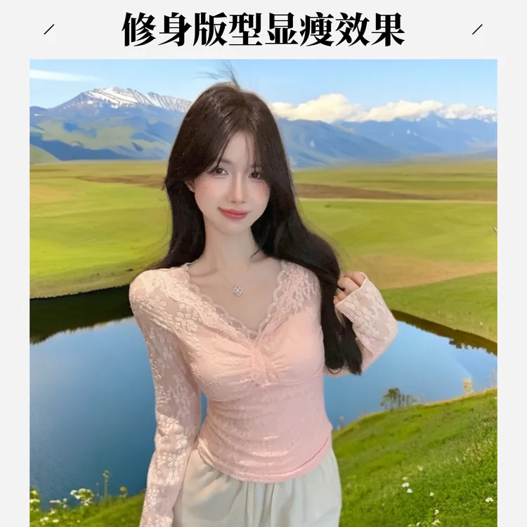 蕾丝花边镂空上衣女春秋冬款气质独特修身内搭长袖T恤打底衫v领