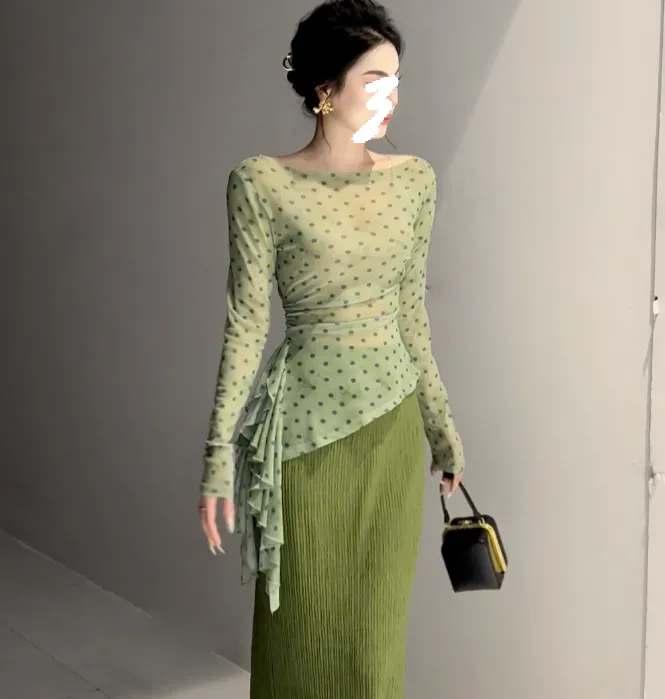 韩系搭配一整套女2025夏季新款波点网纱长袖上衣高腰半身裙两件套