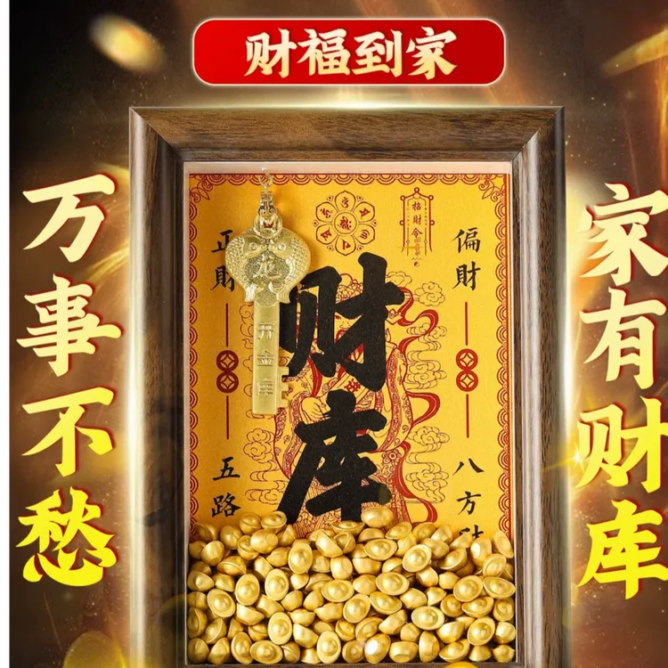 黄财神开财库的金钥匙相框摆件十二生肖钱到家金库钥匙招财摆台