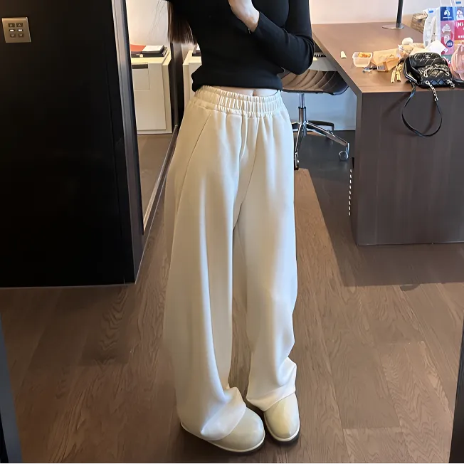 高腰阔腿裤女秋冬加厚宽松显瘦垂感休闲裤米白色糯米加绒弯刀裤