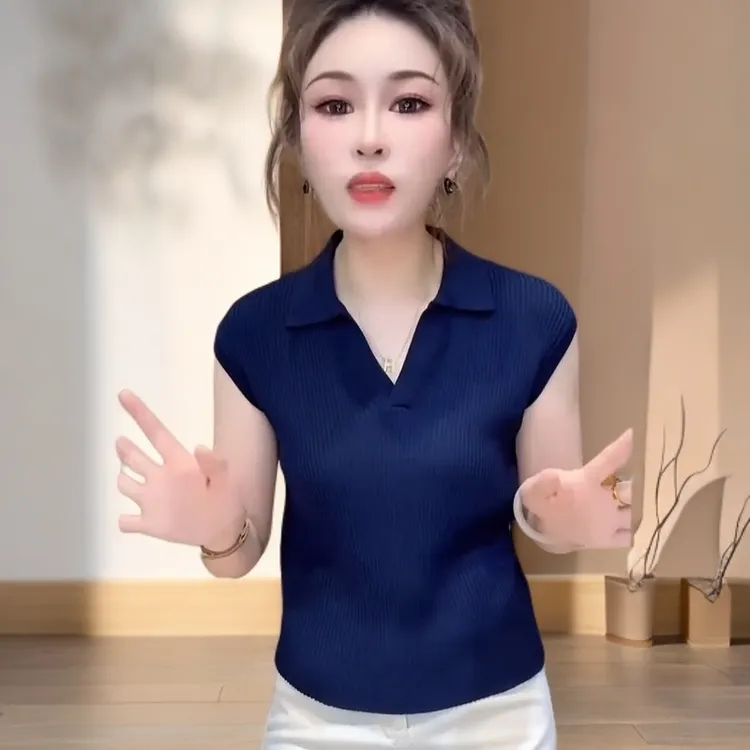 薄款冰丝针织衫女2025年夏季新款Polo领修身小众炸街毛衣女秋冬