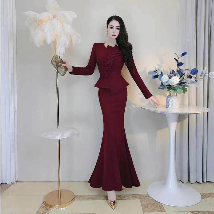 【雪儿原创】加绒加厚气质优雅鱼尾长裙修身显瘦荷叶边遮肚子连衣裙