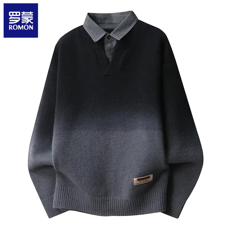 罗蒙渐变色衬衫领毛衣男款秋冬季保暖假两件加厚针织衫男士内搭衣