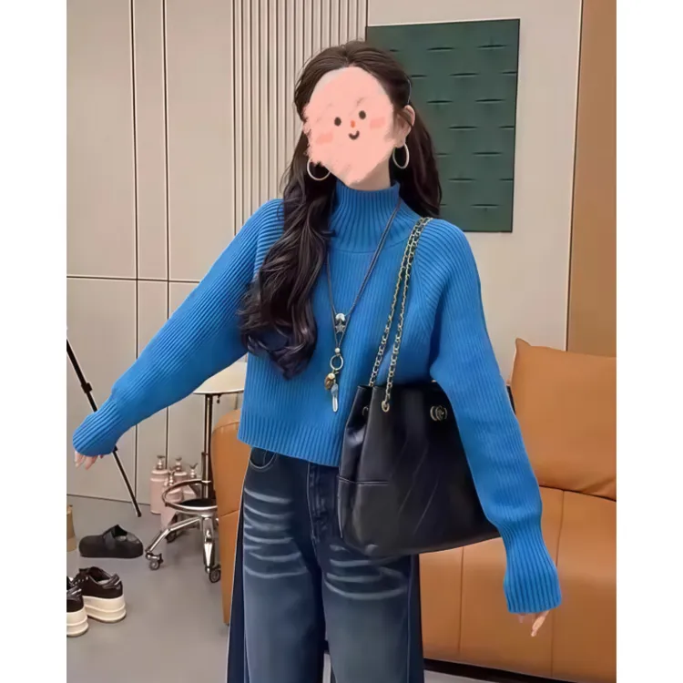 克莱因蓝气质高领短款毛衣女秋冬季爆款时髦洋气宽松百搭针织衫潮