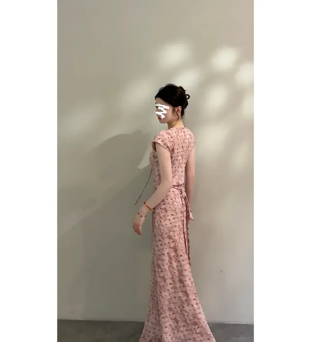 【有弹力】夏季法式浪漫感温柔短袖镂空领连衣群修身时尚裙子3234#