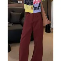 zz ·2025韩系百搭红色牛仔裤女气质宽松遮肉直筒阔腿裤子女K107
