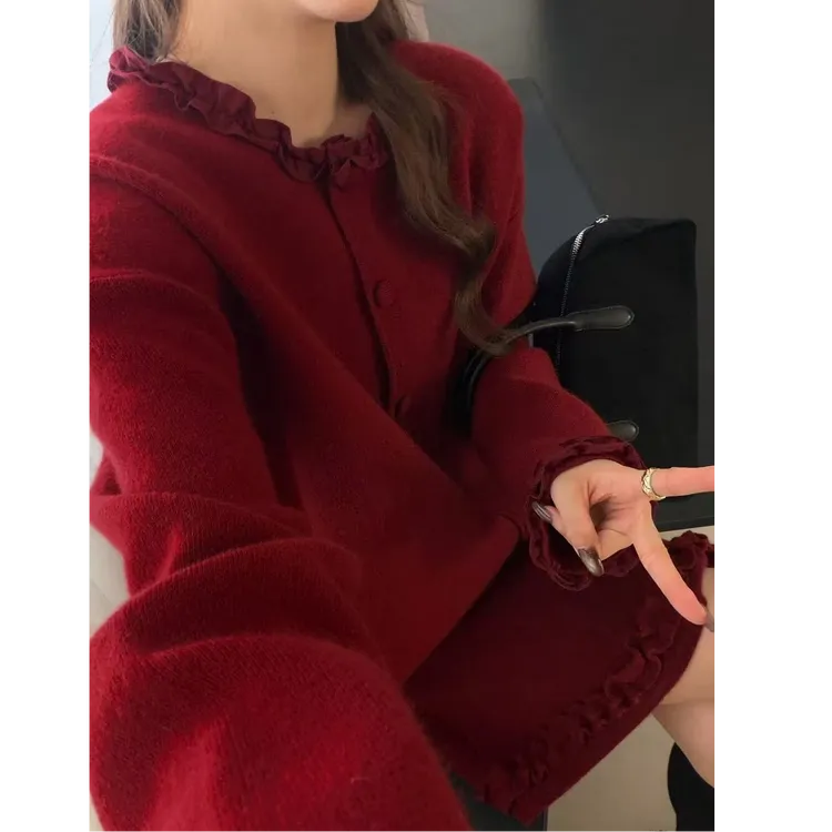 木耳边针织开衫套装女欧洲站2025冬装新款女装毛衣短外套潮