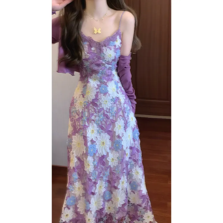 【紫丁香】重工紫色水溶蕾丝V领吊带连衣裙修身长裙&防晒空调衫9506