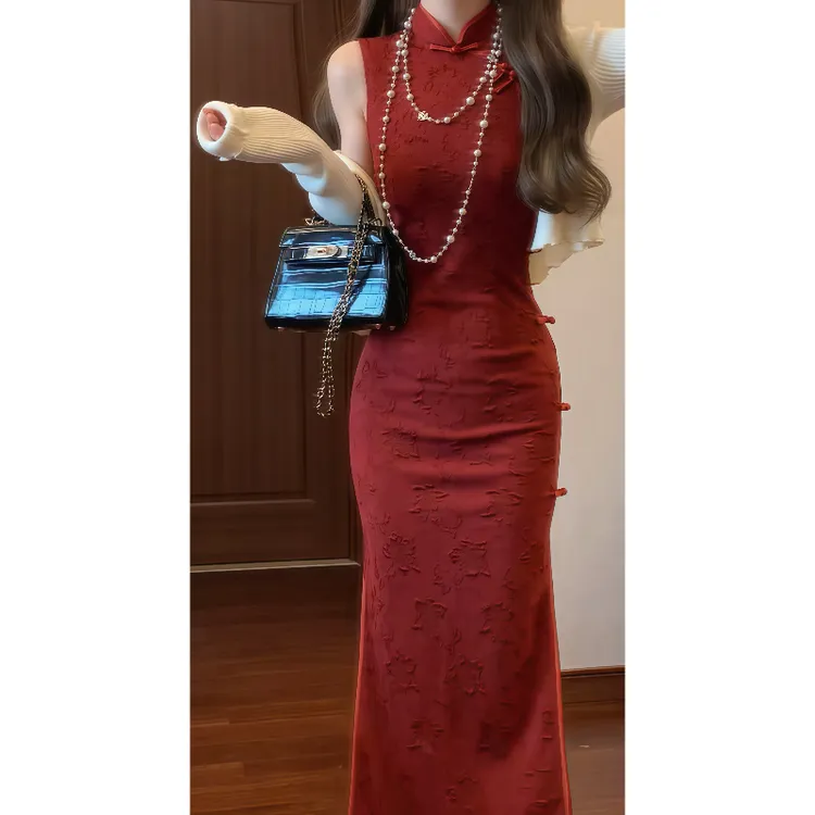 新中式国风复古提花红色改良旗袍连衣裙无袖开衩修身气质长裙9063