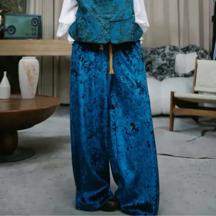 infobyfive2025秋冬小蓝拜年新中式丝绒松紧腰长裤贰NF0511015