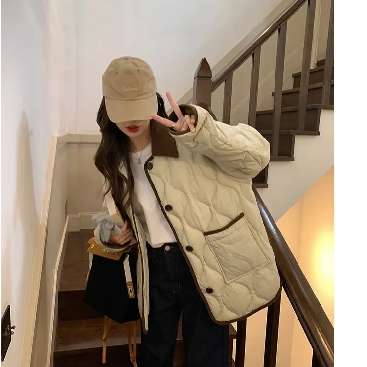 小香风棉服女菱格棉服翻领棉衣2025年新款轻薄款棉衣休闲百搭棉袄