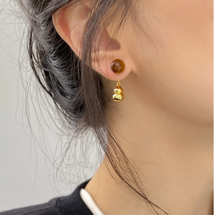 铜合金耳饰 复古宫廷日韩虎眼石复古秋冬美拉德新中式葫芦耳环女
