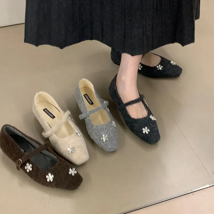 啄木鸟法式水钻花朵时尚小香风一字带浅口玛丽珍鞋女冬外穿毛毛鞋