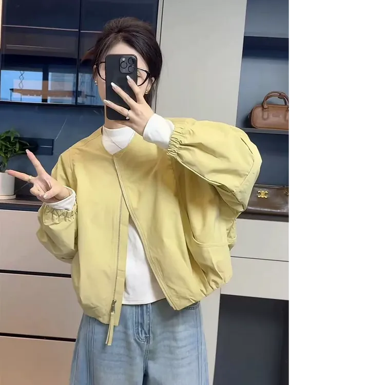 韩版简约圆领纯色短外套女2025春季新款休闲宽松百搭小个子夹克潮