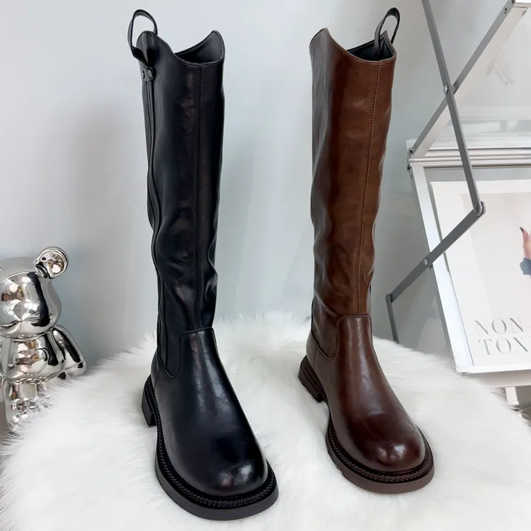 大码加肥时尚不过膝长靴女靴2025年骑士秋冬棕色高筒靴加绒时装靴
