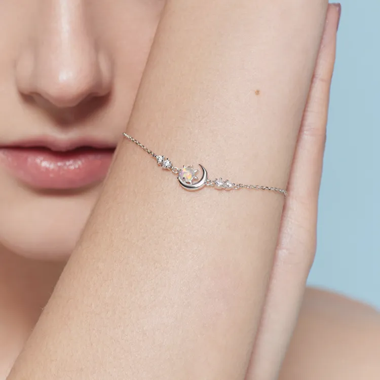 925银合成锆石手链 星钻映月手链 八芒星月亮人造澳宝石精致饰品