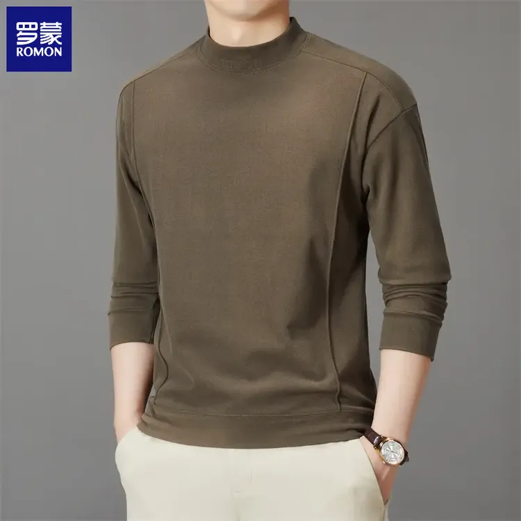 罗蒙半高领男士T恤秋冬季新款修身不易变形打底衫纯色内搭卫衣潮
